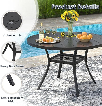 VICLLAX Round Patio Dining Table for 4-6, Outdoor Metal Dining Table with Umbrella Hole for Deck Lawn Garden Backyard, 47.2" Black