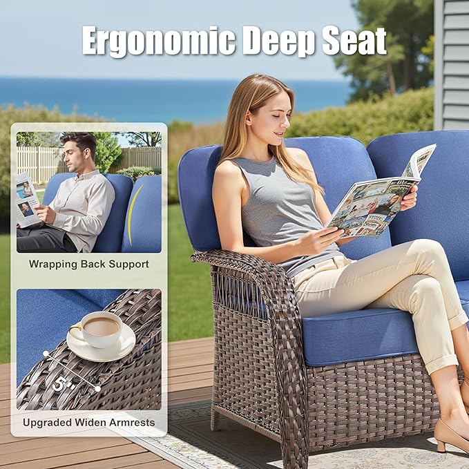 6 Pieces Outdoor Patio Furniture Set, All Weather Wicker Swivel Rocker Patio Chairs High Back Sofa with Ottomans - Photo 6