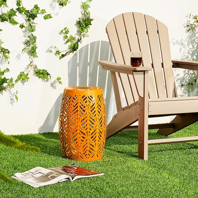 Glitzhome 18.25" H Outdoor Side Table with Leaf Pattern Solar Powered Light, Iron Cutout Drum Garden Stool Solar Decorative Lanterns, Metal End Table Plant Stand for Indoor Outdoor, Orange