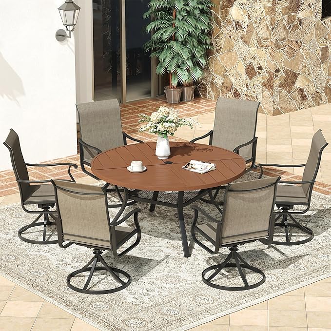 VICLLAX 47.2" Round Patio Dining Table for 4-6, All Weather Metal Outdoor Table with 1.57" Umbrella Hole and Storage Shelf for Garden Lawn Deck, Walnut