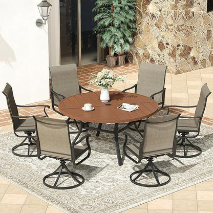 VICLLAX 47.2" Round Patio Dining Table for 4-6, All Weather Metal Outdoor Table with 1.57" Umbrella Hole and Storage Shelf for Garden Lawn Deck, Walnut