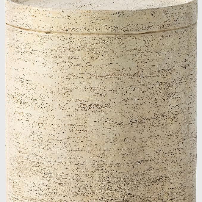 HOMPUS Round Outdoor Side Table, Rustic Modern Vintage Patio End Table, Weathered Stone Small Outdoor Accent for Indoor Outdoor Use, Patio, Garden, Cream