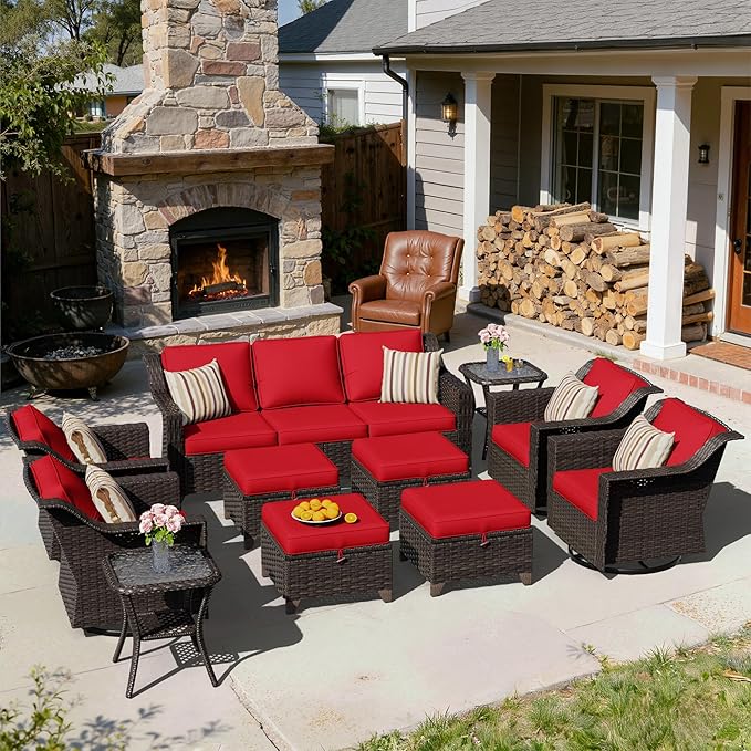 11 Pieces Patio Conversation Furniture Set - 1 Sofa, 4 Ottomans, 4 Swivel Chairs, 2 Side Tables - Photo 3