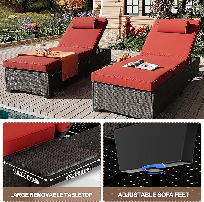 GarveeHome Patio Rattan Wicker Chaise Lounge Chair Set of 2, Wicker Chaise Lounge Outdoor for Pool Deck - Photo 5