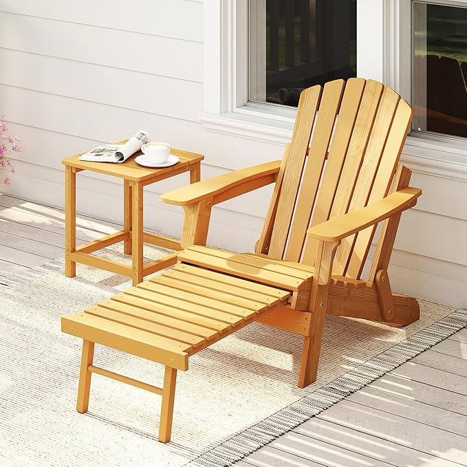 Oversized Wooden Folding Adirondack Chair with Ottoman, Pre-Assembled Backrest and Seat Board, Lounge Chair for Outdoor Patio Garden Lawn Backyard Firepit Deck Pool Beach