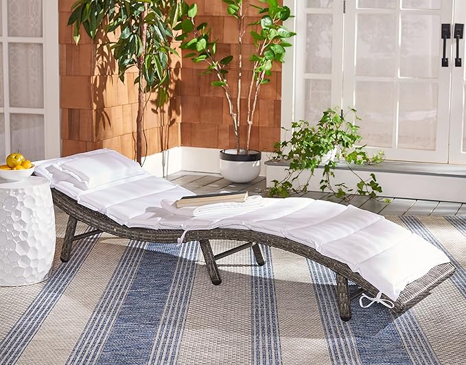 SAFAVIEH Outdoor Collection Colley Grey Brown Wicker/White Cushion Adjustable Recliner Chaise Lounge Chair (PAT7722C)