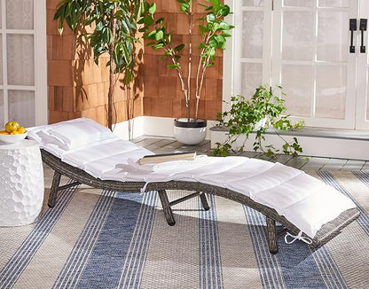 SAFAVIEH Outdoor Collection Colley Grey Brown Wicker/White Cushion Adjustable Recliner Chaise Lounge Chair (PAT7722C)