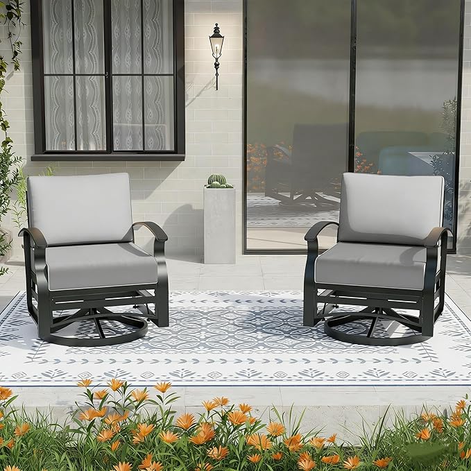 Gotland 2 Piece Patio Set, Metal Outdoor Swivel Chairs Set of 2 with 5.1’’ High-Resilience Seat Cushions 6.2’’ Back Pillow Removable Cushions for Backyard, Lawn, Porch, Grey
