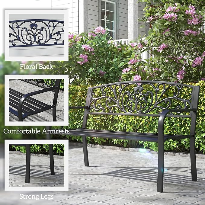 Outsunny 50" Outdoor Bench, Metal Garden Bench with Floral Pattern Backrest, Porch Bench with Slatted Seat for Park, Yard, Lawn, Black