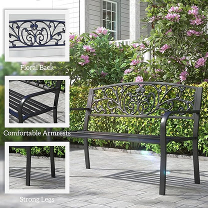 Outsunny 50" Outdoor Bench, Metal Garden Bench with Floral Pattern Backrest, Porch Bench with Slatted Seat for Park, Yard, Lawn, Black