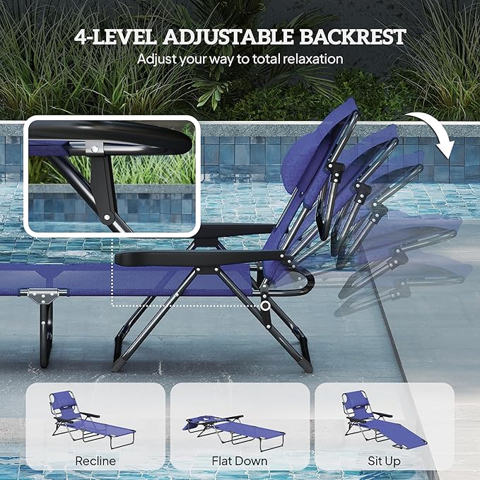 Outsunny Tanning Chaise Lounge Chair, 4-Position Beach Chair with Face & Arm Holes, Pillow headrest, Adjustable Sunbathing Chair, Navy Blue
