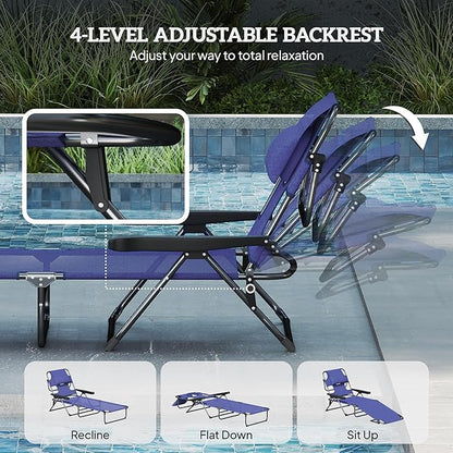 Outsunny Tanning Chaise Lounge Chair, 4-Position Beach Chair with Face & Arm Holes, Pillow headrest, Adjustable Sunbathing Chair, Navy Blue