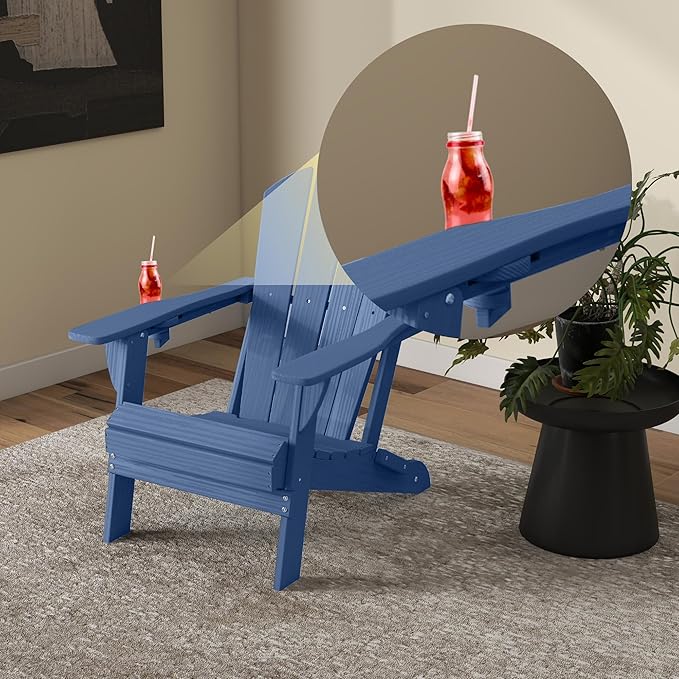 Foldable Adirondack Chair with Cup Holder-Heavy Duty Recycled HDPE Outdoor Patio Furniture, Weather Resistant Deck Lawn Fire Pit Chair (Navy, 2 Chair)