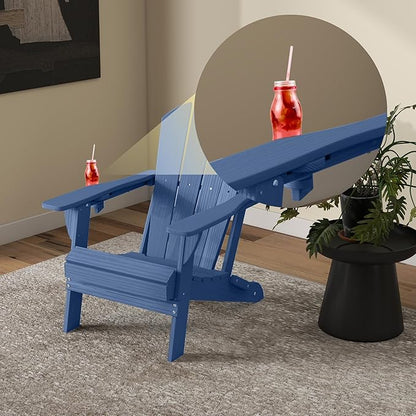 Foldable Adirondack Chair with Cup Holder-Heavy Duty Recycled HDPE Outdoor Patio Furniture, Weather Resistant Deck Lawn Fire Pit Chair (Navy, 1 Chair)