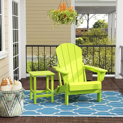 WestinTrends Malibu 2-Pieces Adirondack Chair Set with Side Table, All Weather Outdoor Seating Plastic Patio Lawn Chair Folding for Outside Porch Deck Backyard, Lime