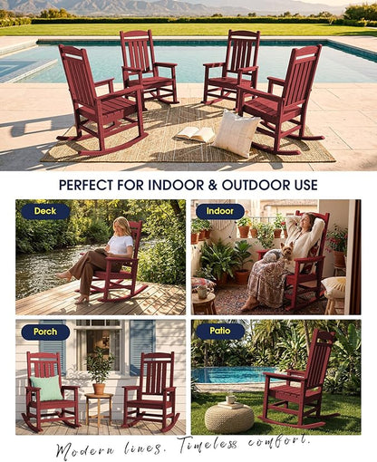 KINGYES Outdoor Rocking Chair, Weather Resistant Patio Rocking Chairs High Back Porch Rocker for Adult, Dark Red