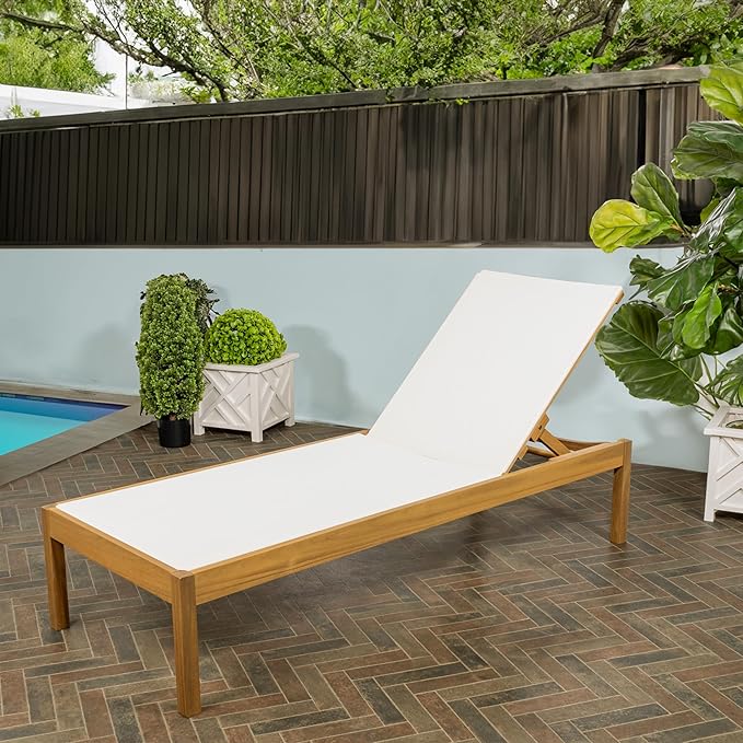 JONATHAN Y LNG1001A Lagunan 77.56"x26.38" Modern Minimalist Adjustable Acacia Wood Chaise Outdoor Lounge Chair Coastal, Transitional, Classic, Mid-Century, Contemporary, White/Natura