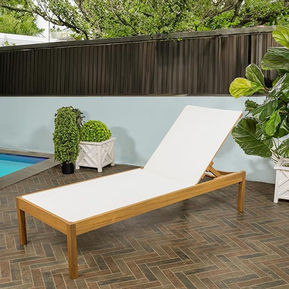 JONATHAN Y LNG1001A Lagunan 77.56"x26.38" Modern Minimalist Adjustable Acacia Wood Chaise Outdoor Lounge Chair Coastal, Transitional, Classic, Mid-Century, Contemporary, White/Natura