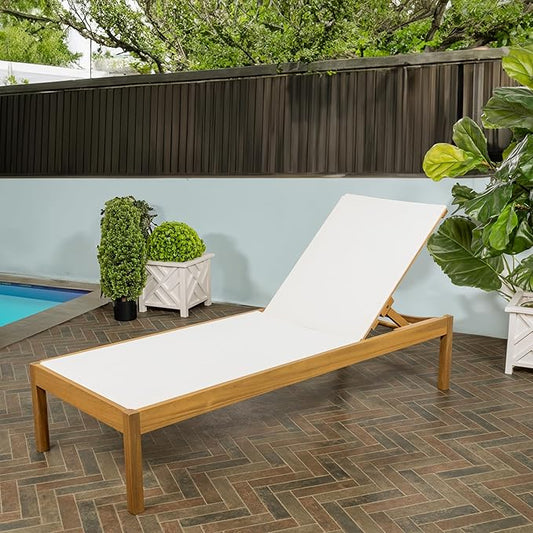 JONATHAN Y LNG1001A Lagunan 77.56"x26.38" Modern Minimalist Adjustable Acacia Wood Chaise Outdoor Lounge Chair Coastal, Transitional, Classic, Mid-Century, Contemporary, White/Natura
