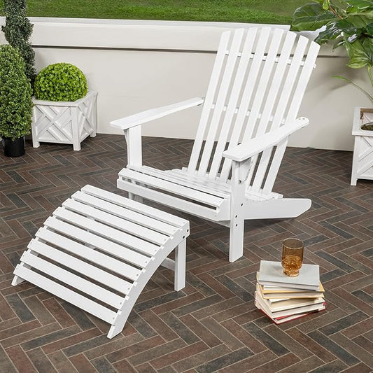 JONATHAN Y ADK1000D Saranac 2-Piece Traditional Rustic Acacia Wood Adirondack Chair with Detachable Ottoman Classic, Coastal, Cottage, Vintage, Farmhouse, White