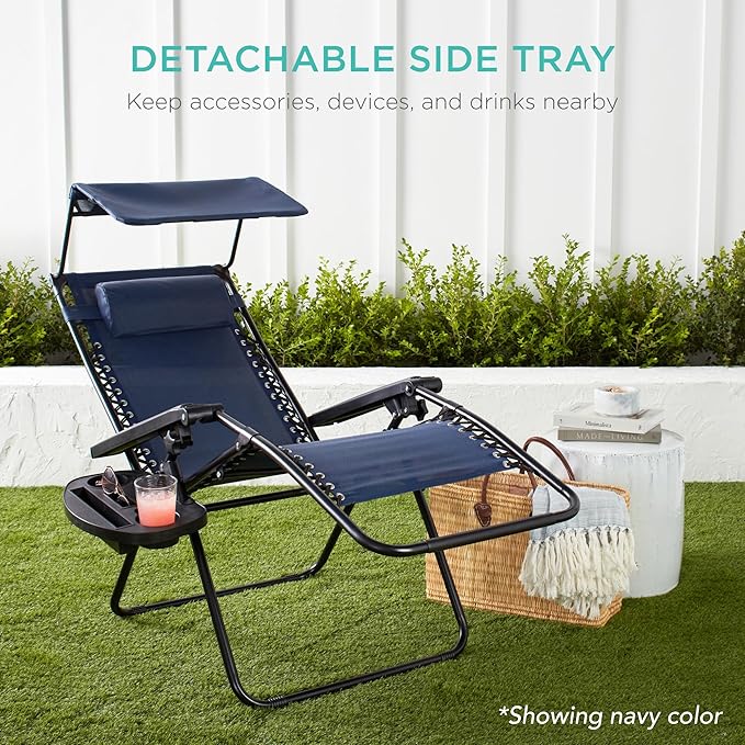 Best Choice Products Folding Zero Gravity Outdoor Recliner Patio Lounge Chair w/Adjustable Canopy Shade, Headrest, Side Accessory Tray, Textilene Mesh - Hot Pink