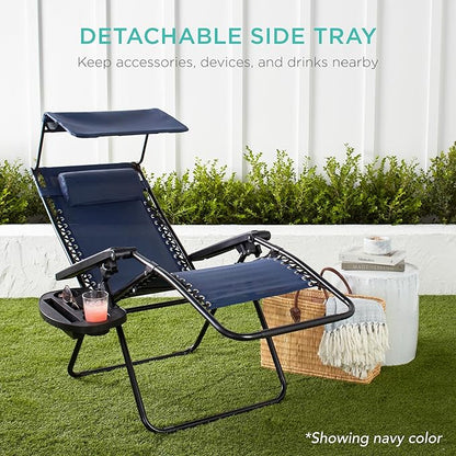 Best Choice Products Folding Zero Gravity Outdoor Recliner Patio Lounge Chair w/Adjustable Canopy Shade, Headrest, Side Accessory Tray, Textilene Mesh - Hot Pink