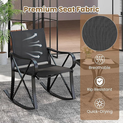 Tangkula 3 Piece Patio Rocking Set, 2 Rocking Chairs with Tempered Glass Side Table, Small Patio Furniture Set with Smooth Rocking Motion, Outdoor Rocker Chairs Bistro Set for Porch, Balcony (Black)
