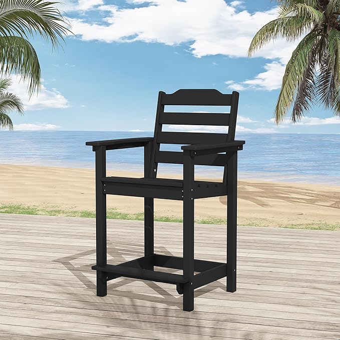 Tall Adirondack Bar Stool, Heavy-Duty Counter Height Chair with Ergonomic Seat, Durable Patio Barstool for Backyard, Deck, Poolside, Black