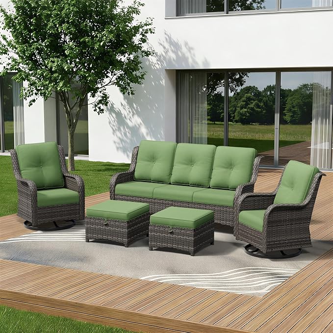 5 Piece Outdoor Wicker Patio Furniture Set, Outdoor Swivel Rocker Patio Chairs Set with Thickened Olefin Cushions - Photo 1