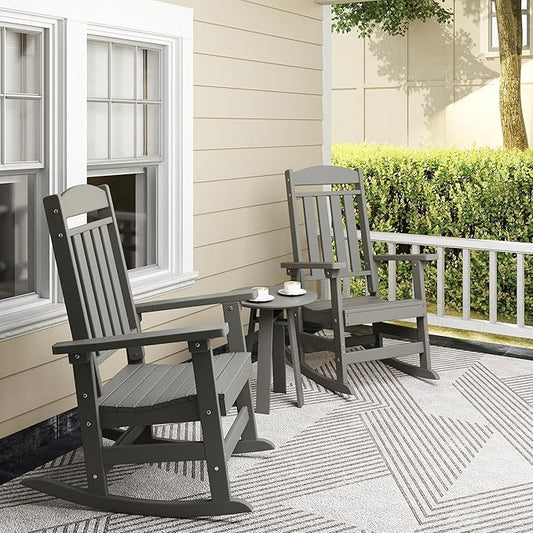 Outdoor Rocking Chairs, Oversized High Back Patio Rocking Chairs, All Weather Porch Rocking Chairs for Outside. Dark Grey