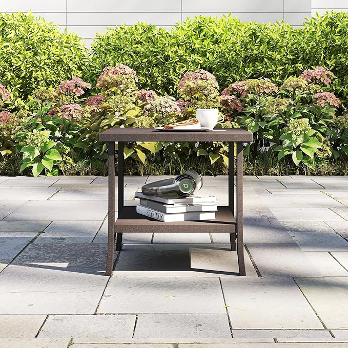 Kiss the Water Metal Square Side Table, 2-Tier Outdoor Coffee Table, All-Weather Outdoor Side Table for Patio End Porch Backyard Garden, Khaki