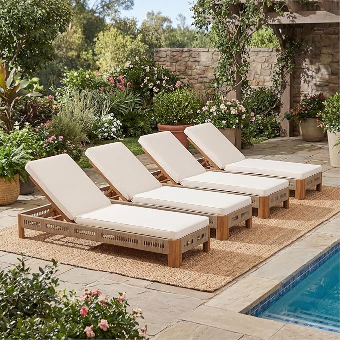 Christopher Knight Home Lamon Acacia Wood Chaise Lounge Chair Outdoor Set of 4 with Cushion - Photo 4