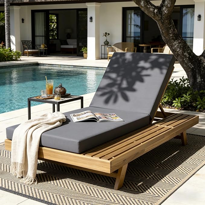 espidoo Adjustable Outdoor Chaise Lounge: 4-Position Reclining Chaise with Breathable Slats - Acacia Wood Frame & 4" - Photo 3