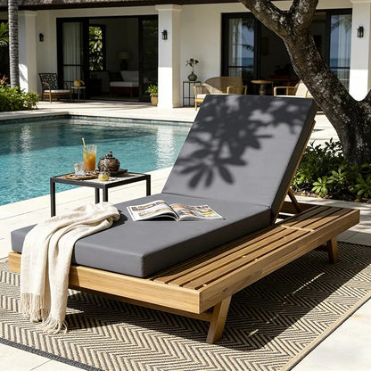 espidoo Adjustable Outdoor Chaise Lounge: 4-Position Reclining Chaise with Breathable Slats - Acacia Wood Frame & 4" Water-Resistant Cushion for Poolside Patio Backyard - 800lb Capacity