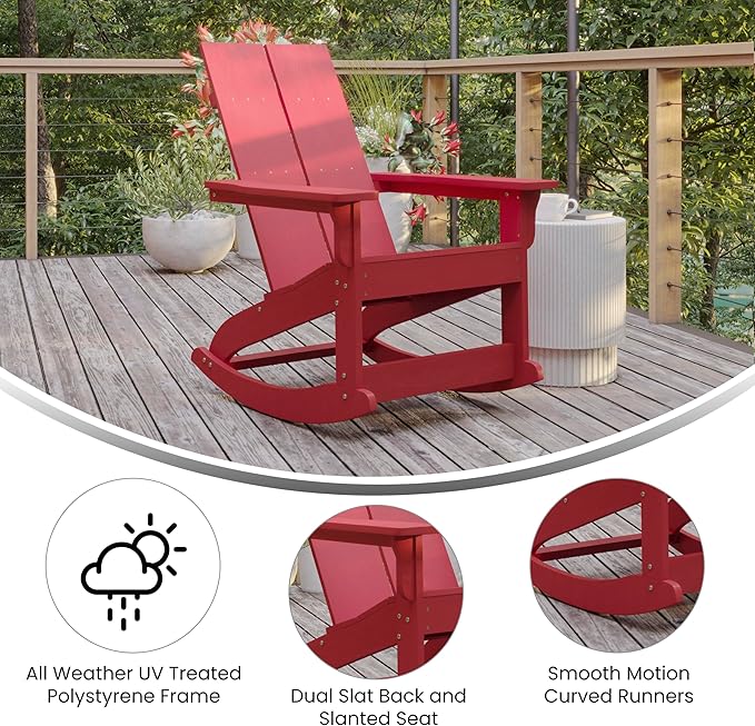 Flash Furniture Finn Modern Commercial Poly Resin Wood Adirondack Rocking Chair - All Weather Red Polystyrene - Dual Slat Back - Stainless Steel Hardware - Set of 2