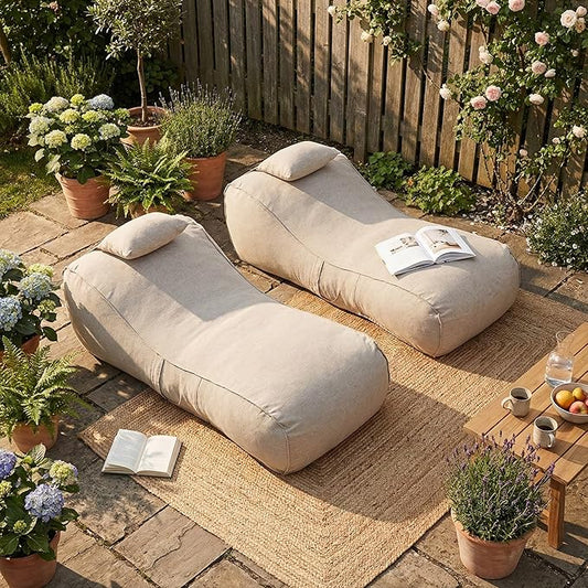 Merax Outdoor Bean Bag Chairs with Headrest Set of 2, 71" Lounger Chair for Adults Bean Bag Bed with Foam Filled for Patio Pool Balcony & Desk, Beige Fabric Outside Beanbag Chair, Beige