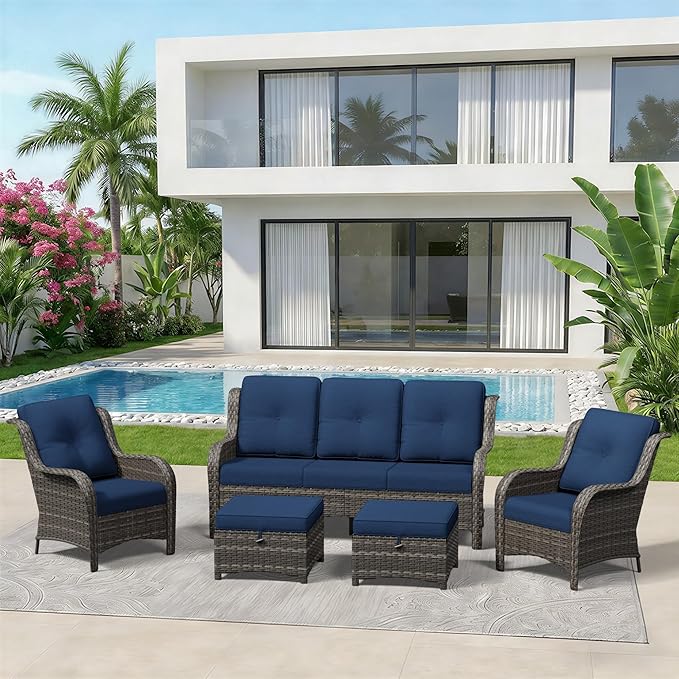 5 Piece Outdoor Wicker Patio Furniture Set, Patio Chairs Set with Thickened Olefin Cushions, High Back and Deep Seating - Photo 9