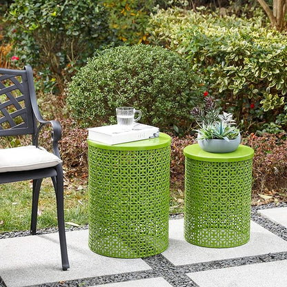 Glitzhome Outdoor Side Table Set of 2, Decorative Garden Stool for Patio Heavy Duty Metal Frame Accent Table Modern End Table, Glossy Green