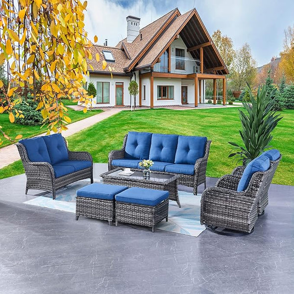 Rilyson Wicker Patio Furniture Set - 7 PC Rattan Outdoor Sectional Conversation Sets with 2 Rocking Swivel Chairs - Photo 1