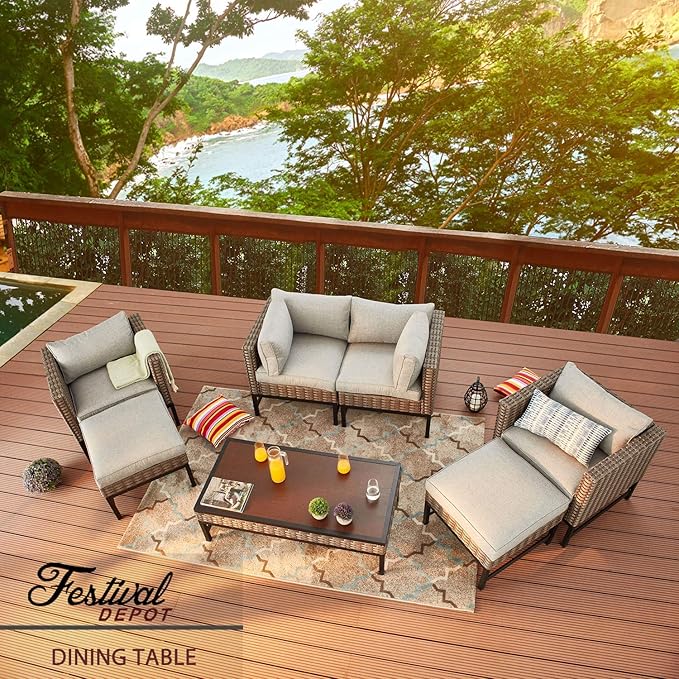 Festival Depot Patio Table Rattan Woven Wicker Coffee Table with Aluminum Tabletop All Weather Outdoor Furniture for - Photo 6