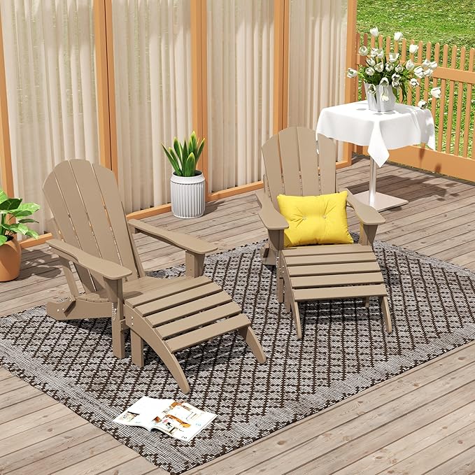 WO Home Furniture Adirondack Chair Outdoor Ottoman Set of 2 PCS Classic Patio Furniture (Weathered Wood)