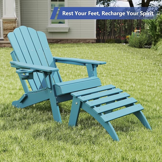 FOOWIN Folding Adirondack Ottoman Set of 4, HDPE All Weather Adirondack Footrests, Ottoman for Adirondack Chair,Patio Footstool for Outside Easy Storage,for Patio, Backyard, Porch, Garden, Light Blue