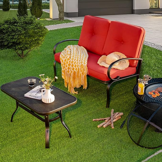 Giantex Patio Loveseat with Coffee Table Outdoor Bench with Cushion and Metal Frame, Loveseat Porch Furniture Set Sofa for Garden, Yard, Patio or Poolside (Red & Black)