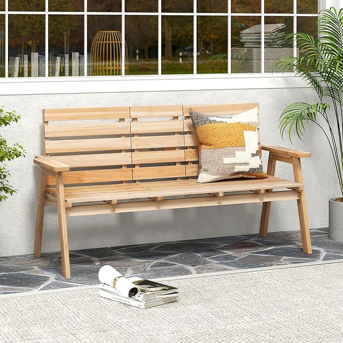 Tangkula Outdoor Fir Wood Bench with Foldable Middle Table, 2-3 Person Garden Bench with Backrest and Armrests - Photo 2
