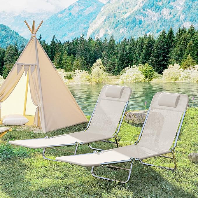 Outsunny 2 Piece Folding Chaise Lounge Chairs, Pool Sun Tanning Chairs with Reclining Back, Breathable Mesh Seat - Photo 8
