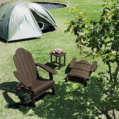 LUE BONA Folding Adirondack Chair Set of 2, HDPS Weather Resistant Patio Chair, 350lbs Heavy Duty, One-Step Folding for Balcony Garden, Wood Grain Texture, Outdoor Fire Pit Seating, Dark Brown