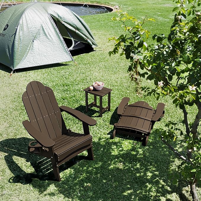 LUE BONA Folding Adirondack Chair Set of 2 with Adirondack Side Table, Dark Brown HDPS Fire Pit Adirondack Chairs with Cup Holder for Patio, Proch