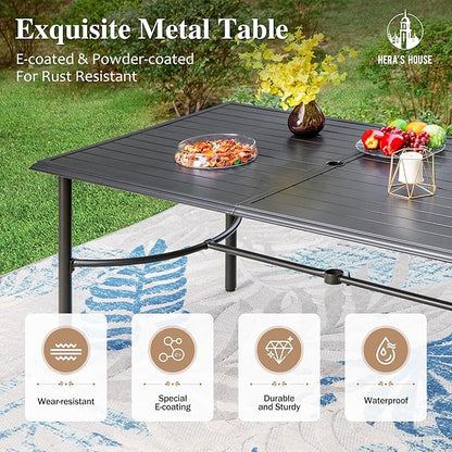 HERA'S HOUSE 67" Patio Table with Umbrella Hole for 6, Extra Large Rectangle Metal Outdoor Dining Table for Backyard Garden Lawn, Black