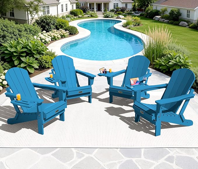 SERWALL Folding Adirondack Chair Set of 4, Outdoor Adirondack Chairs with 4 in 1 Cup Holder, Wood Texture Patio Chairs, Weather Resistant Fire Pit Chairs for Patio Deck Garden, Backyard - Sapphire