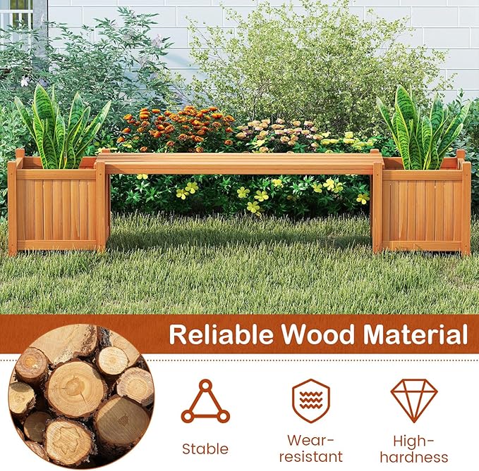 2-in-1 Outdoor Planter Box with Bench, Outdoor Bench with 2 Raised Garden Beds, Open-Ended Base Planter Box, Teak Oil Finish Wood Seat, Garden Bench Seat for Porch Balcony Lawn Yard